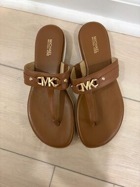 Michael Kors Tan Leather MK Logo Thong Sandals